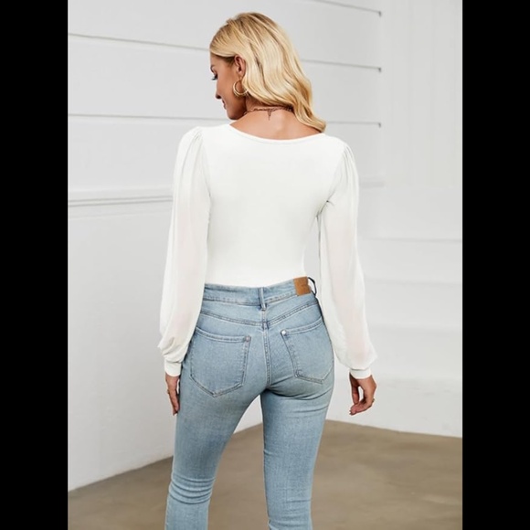 Women’s Square Neck Sheer Mesh Long Puff Sleeve Bodysuit Blouses Top - Picture 2 of 7